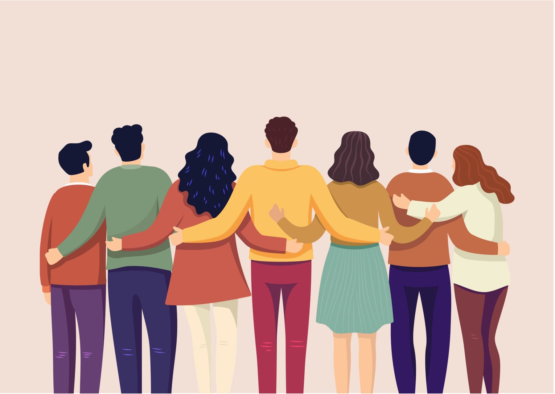 Illustration of seven teammates standing arm in arm