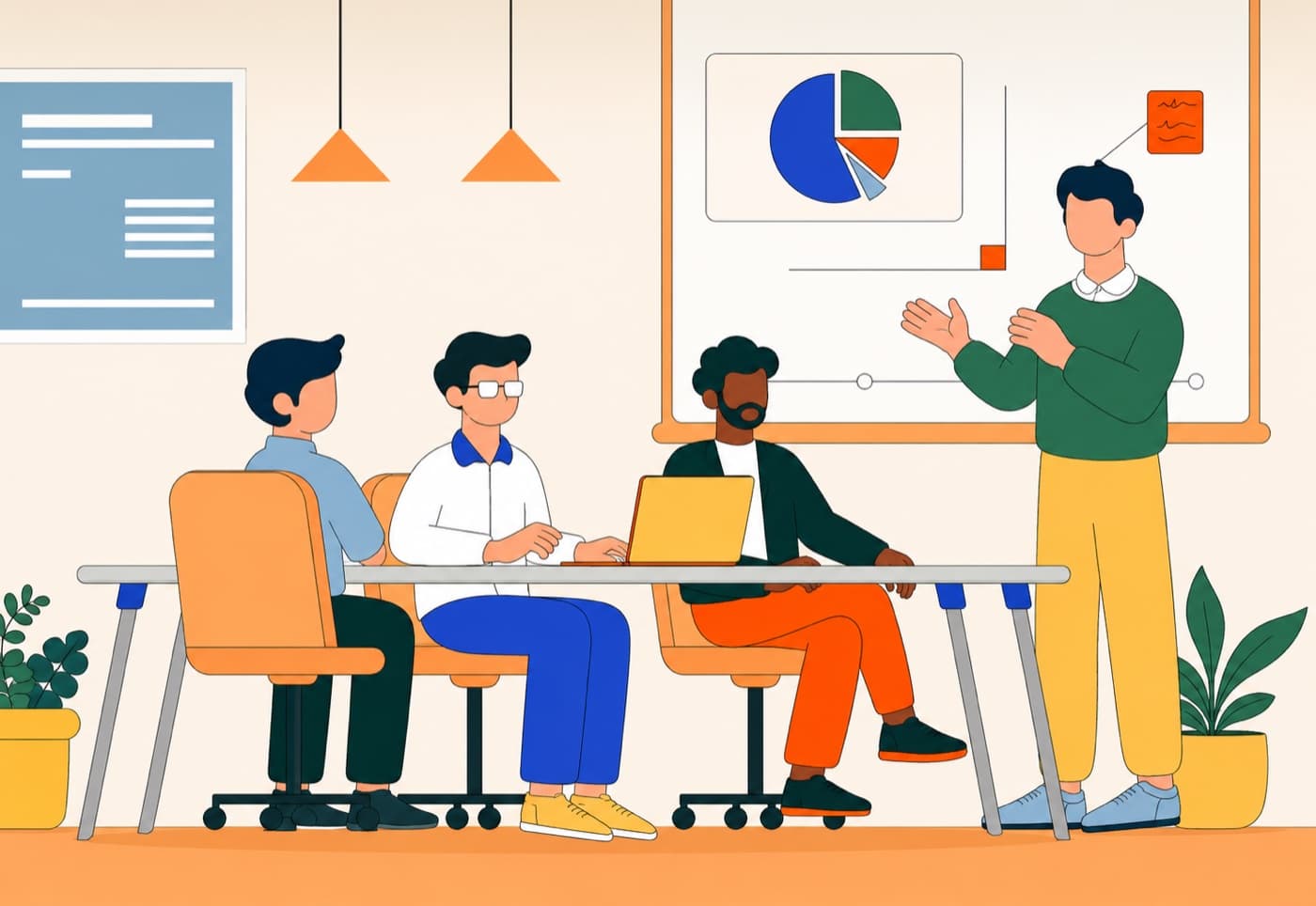 Illustration of a hiring debrief happening around slides instead of evidence